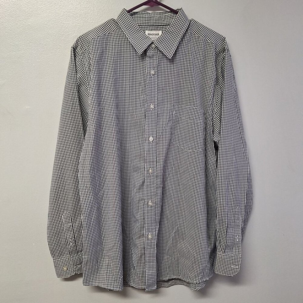 Haggar Dress Shirt Button Down Check Black White Mens Large